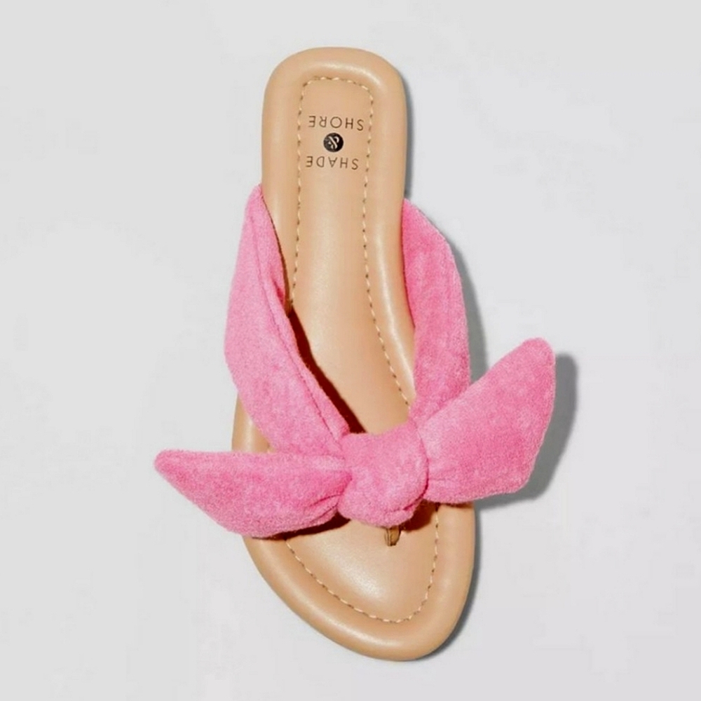 Shade & Shore Tulip Pink Fuzzy Bow Terry Cloth Slide Flip Flop Sandals - Picture 8 of 11
